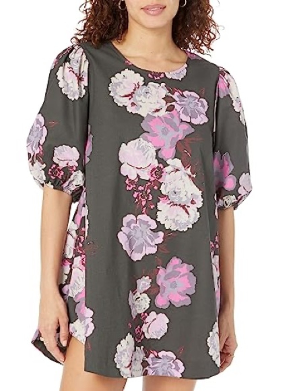Free People Dark Gray Floral Mini Dress with Pink & Lavender Blooms